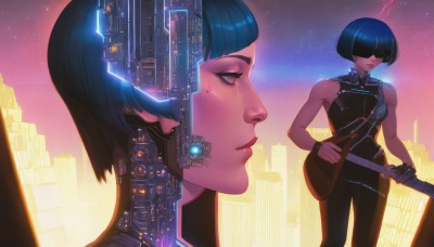 1girl,solo,short hair,bangs,black hair,gloves,holding,blue hair,weapon,sky,sleeveless,pants,sword,blunt bangs,fingerless gloves,mole,lips,mole under eye,profile,makeup,multiple views,bob cut,sheath,instrument,star (sky),starry sky,science fiction,sheathed,city,nose,guitar,cityscape,mechanical arms,cyborg,electric guitar,cyberpunk,hologram,blue eyes,bare shoulders,standing,dark skin,from side,eyelashes,glowing,lipstick,eyeshadow,backlighting,sunset,music,cable,covered eyes,playing instrument,holding instrument,neon trim