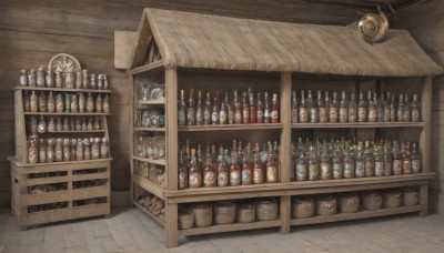 indoors,no humans,bottle,scenery,alcohol,wooden floor,shelf,wine bottle,jar,shop,bar (place),barrel,crate,artist name,signature,box,fantasy,clock,wooden wall