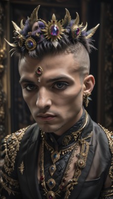 solo,looking at viewer,short hair,shirt,black hair,hair ornament,1boy,jewelry,closed mouth,jacket,upper body,male focus,earrings,indoors,dark skin,necklace,blurry,black eyes,vest,lips,black jacket,grey eyes,blurry background,facial hair,feathers,crown,gem,portrait,beard,gold trim,realistic,mustache,feather hair ornament,very short hair,gold,formal,dark-skinned male