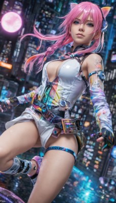 1girl,solo,long hair,breasts,looking at viewer,blue eyes,gloves,animal ears,cleavage,bare shoulders,medium breasts,pink hair,braid,parted lips,detached sleeves,black gloves,elbow gloves,belt,cat ears,fingerless gloves,nail polish,blurry,leotard,lips,tattoo,thigh strap,blurry background,fake animal ears,science fiction,city,realistic,center opening,cyberpunk,large breasts,thighs,outdoors,shoes,night,moon,building,cityscape,skyscraper