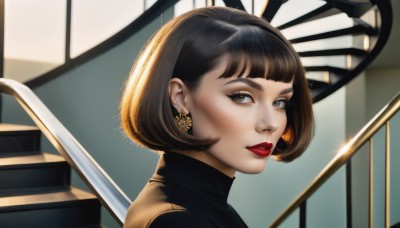 1girl,solo,looking at viewer,short hair,bangs,brown hair,black hair,brown eyes,jewelry,earrings,parted lips,indoors,blunt bangs,black eyes,lips,grey eyes,eyelashes,makeup,turtleneck,bob cut,lipstick,portrait,stairs,nose,red lips,from side,glint,realistic,eyeliner