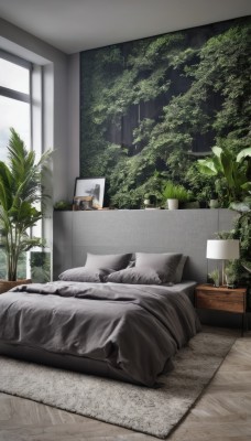 day,indoors,tree,pillow,no humans,window,bed,on bed,table,sunlight,plant,curtains,scenery,wooden floor,blanket,potted plant,lamp,bedroom,cup,book,chair,couch