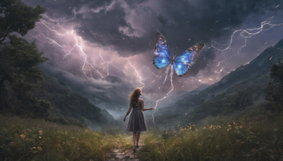 1girl, solo, long hair, blonde hair, dress, flower, outdoors, sky, cloud, from behind, tree, cloudy sky, grass, bug, butterfly, nature, scenery, mountain, lightning