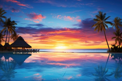 PREMIUM,outdoors,sky,cloud,water,tree,blue sky,no humans,ocean,beach,sunlight,cloudy sky,building,scenery,reflection,sunset,palm tree,sun,horizon,evening,gradient sky,shore,orange sky,reflective water,nature,twilight,lake,island