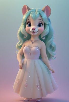 1girl,solo,long hair,breasts,looking at viewer,blush,smile,open mouth,blue eyes,simple background,dress,animal ears,bare shoulders,jewelry,blue hair,standing,full body,small breasts,green hair,shoes,teeth,artist name,necklace,white dress,gradient,hand on hip,gradient background,strapless,aqua hair,makeup,:3,wavy hair,happy,white footwear,strapless dress,furry,furry female,animal nose,pearl necklace,snout,buck teeth,bangs,cleavage,tail,flower,high heels,watermark,blue background,child,female child