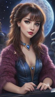 1girl,solo,long hair,breasts,looking at viewer,smile,bangs,brown hair,hair ornament,dress,cleavage,brown eyes,jewelry,medium breasts,upper body,earrings,outdoors,parted lips,sky,choker,artist name,signature,necklace,nail polish,lips,fingernails,makeup,night,blue dress,watermark,moon,lipstick,gem,star (sky),night sky,full moon,half updo,starry sky,freckles,realistic,nose,purple nails,red lips,eyeliner,mascara,feather boa,instrument,eyeshadow,piano