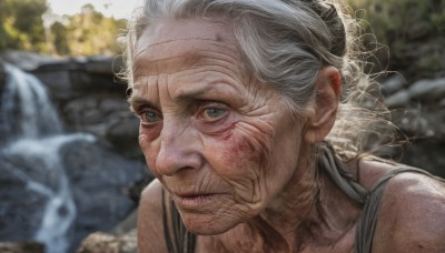 1girl,solo,looking at viewer,blue eyes,closed mouth,white hair,grey hair,outdoors,blurry,lips,grey eyes,blurry background,scar,portrait,rock,realistic,old,old woman,1boy,male focus,water,depth of field,messy hair,old man,wrinkled skin