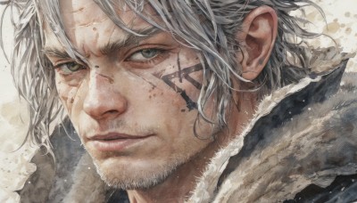 solo,looking at viewer,short hair,1boy,closed mouth,green eyes,white hair,grey hair,male focus,lips,grey eyes,fur trim,facial hair,scar,facial mark,portrait,beard,scar on face,realistic,scar across eye,stubble,goatee,manly,smile,close-up