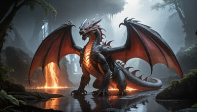 HQ,solo,open mouth,red eyes,tail,outdoors,wings,horns,teeth,water,tree,orange eyes,no humans,glowing,fangs,sharp teeth,nature,scenery,glowing eyes,claws,forest,reflection,monster,rock,fantasy,dragon,scales,river,waterfall,dragon wings,fire,spikes,rain,pond