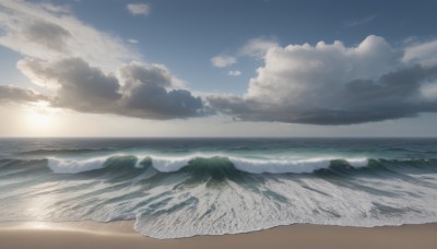 outdoors,sky,day,cloud,water,blue sky,no humans,ocean,beach,sunlight,cloudy sky,scenery,sunset,mountain,sand,sun,horizon,waves,landscape,mountainous horizon,shore,sunrise