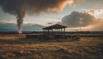 outdoors,sky,day,cloud,tree,no humans,cloudy sky,grass,fire,building,nature,scenery,smoke,mountain,architecture,house,east asian architecture,landscape,hill,bird,ground vehicle,sunset,field,mountainous horizon