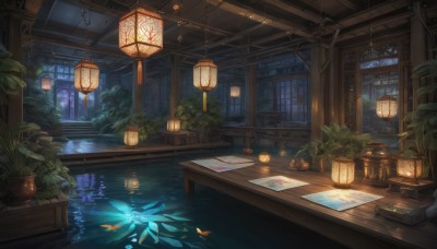 sky,indoors,water,tree,book,no humans,window,night,table,plant,night sky,scenery,reflection,fish,lantern,wooden floor,paper,fantasy,bookshelf,potted plant,light,lamp,paintbrush,architecture,east asian architecture,shelf,book stack,lily pad,pond,leaf,bug,stairs,vines,flower pot