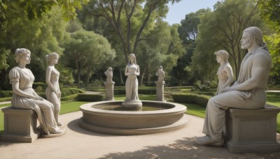 long hair,short hair,multiple girls,1boy,dress,sitting,outdoors,day,tree,own hands together,old,old man,statue,praying,old woman,fountain,2girls,short sleeves,sky,barefoot,puffy sleeves,3girls,hair bun,from side,blue sky,puffy short sleeves,4girls,profile,single hair bun,grass,scenery,robe,bush,bald,fine art parody