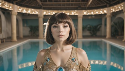 1girl,solo,breasts,looking at viewer,short hair,bangs,brown hair,cleavage,bare shoulders,brown eyes,jewelry,medium breasts,closed mouth,collarbone,upper body,blunt bangs,water,blurry,lips,bob cut,gem,realistic,nose,earrings