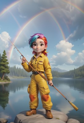 1girl,solo,looking at viewer,blush,smile,long sleeves,holding,brown eyes,closed mouth,blue hair,standing,jacket,full body,ponytail,pink hair,purple hair,multicolored hair,boots,outdoors,sky,shoes,day,belt,pants,artist name,cloud,water,two-tone hair,tree,blue sky,watermark,brown footwear,cloudy sky,child,nature,web address,forest,freckles,rock,female child,rainbow,river,lake,fishing rod,pond,fishing,yellow pants,rainbow hair,long hair,jewelry,red hair,earrings,personification,reflection,jumpsuit