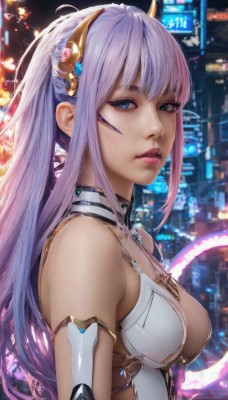 1girl,solo,long hair,breasts,looking at viewer,bangs,blue eyes,hair ornament,cleavage,bare shoulders,medium breasts,upper body,ponytail,pink hair,purple hair,sidelocks,multicolored hair,parted lips,blurry,from side,leotard,lips,makeup,blurry background,headgear,light purple hair,armlet,science fiction,city,realistic,nose,white leotard,outdoors,shiny,artist name,signature,eyelashes,gradient hair,night,depth of field,android,cyberpunk