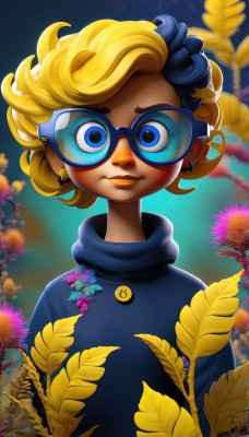 1girl,solo,looking at viewer,smile,short hair,blue eyes,blonde hair,hair ornament,jewelry,closed mouth,upper body,flower,earrings,glasses,artist name,hair flower,dark skin,dark-skinned female,lips,eyelashes,makeup,buttons,turtleneck,leaf,watermark,lipstick,curly hair,round eyewear,stud earrings,badge,blue-framed eyewear,button badge,hood,hoodie,goggles