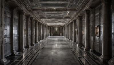 indoors,no humans,window,sunlight,scenery,light rays,stairs,door,light,architecture,pillar,hallway,arch,column,vanishing point,wooden floor,tile floor,ceiling,chandelier