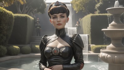 1girl,solo,breasts,looking at viewer,short hair,bangs,brown hair,black hair,long sleeves,dress,cleavage,jewelry,medium breasts,closed mouth,upper body,earrings,outdoors,solo focus,day,blunt bangs,water,hair bun,armor,black eyes,black dress,tree,lips,grey eyes,clothing cutout,cleavage cutout,single hair bun,own hands together,tiara,plant,shoulder armor,gem,red lips,pillar,waterfall,statue,column,fountain,blue eyes,1boy,backlighting,stairs,realistic,bush