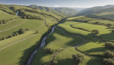 outdoors,sky,day,cloud,tree,no humans,grass,nature,scenery,forest,mountain,road,field,river,landscape,mountainous horizon,hill,blue sky,from above,horizon,bush,green theme,path