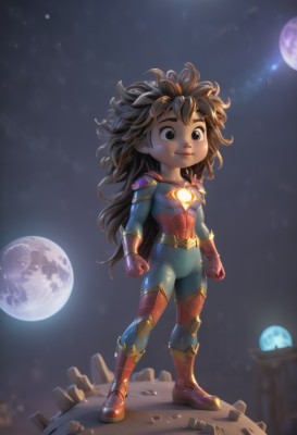 1girl,solo,long hair,smile,brown hair,black hair,gloves,very long hair,closed mouth,standing,full body,heart,boots,outdoors,sky,artist name,dark skin,armor,black eyes,lips,bodysuit,night,moon,messy hair,red footwear,night sky,full moon,red gloves,clenched hands,backlighting,female child,superhero,brown eyes,planet