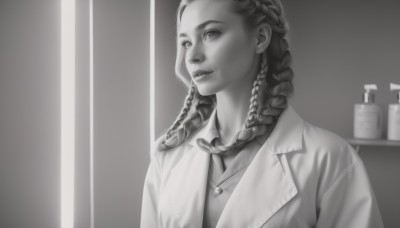 1girl,solo,long hair,shirt,jewelry,closed mouth,monochrome,upper body,braid,greyscale,male focus,parted lips,open clothes,collared shirt,indoors,necklace,twin braids,lips,looking to the side,looking away,realistic,dreadlocks,multiple braids,signature,blurry,coat,mirror,nose