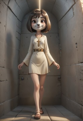 1girl,solo,breasts,looking at viewer,blush,smile,short hair,bangs,brown hair,long sleeves,dress,brown eyes,jewelry,closed mouth,standing,collarbone,full body,belt,indoors,necklace,white dress,black eyes,bare legs,toes,shadow,short dress,sandals,bob cut,cross,child,furry,walking,female child,brown belt,wall,cross necklace,small breasts,robe,alley