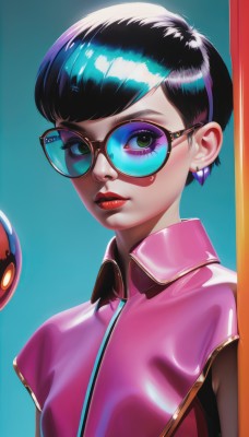 1girl,solo,breasts,looking at viewer,short hair,bangs,simple background,shirt,black hair,jewelry,green eyes,upper body,short sleeves,earrings,parted lips,glasses,teeth,shiny,collared shirt,shiny hair,lips,eyelashes,makeup,swept bangs,blue background,sunglasses,robot,lipstick,eyeshadow,pink shirt,nose,round eyewear,red lips,stud earrings,tinted eyewear,blue-tinted eyewear,closed mouth,jacket,pink jacket,very short hair,mascara