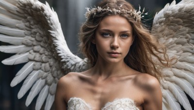 1girl,solo,long hair,breasts,looking at viewer,blue eyes,blonde hair,brown hair,dress,cleavage,bare shoulders,medium breasts,collarbone,upper body,parted lips,wings,white dress,blurry,lips,strapless,feathered wings,freckles,angel wings,realistic,white wings,angel,head wreath,feathers