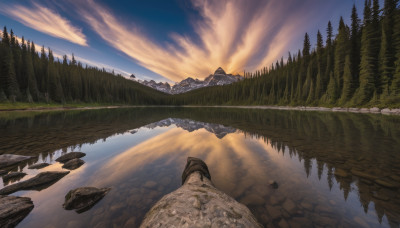 outdoors, sky, cloud, water, tree, no humans, cloudy sky, nature, scenery, forest, reflection, sunset, rock, mountain, river, landscape, reflective water