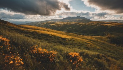 outdoors,sky,day,cloud,blue sky,no humans,cloudy sky,grass,nature,scenery,mountain,field,landscape,mountainous horizon,hill,tree,sunlight,forest