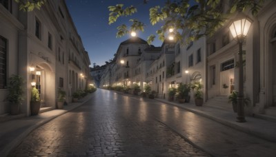 outdoors,sky,water,tree,no humans,window,night,plant,building,star (sky),night sky,scenery,starry sky,reflection,door,potted plant,light,road,lamp,bush,house,lamppost,street,flower pot,pavement,city,town