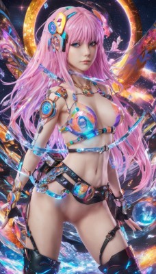 1girl,solo,long hair,breasts,looking at viewer,blue eyes,hair ornament,thighhighs,gloves,navel,cleavage,jewelry,medium breasts,swimsuit,pink hair,bikini,pussy,black gloves,belt,fingerless gloves,necklace,lips,science fiction,realistic,space,planet,mechanical wings,bangs,closed mouth,nipples,standing,cowboy shot,boots,wings,nail polish,thigh strap,chain,headgear,headphones,watermark,web address,contrapposto,nose