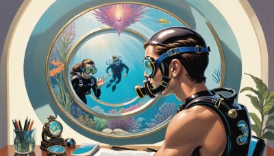 short hair,brown hair,1boy,male focus,multiple boys,2boys,book,bodysuit,mask,plant,goggles,reflection,fish,bubble,goggles on head,underwater,pen,diving mask,coral,snorkel,wetsuit,black hair,bare shoulders,sleeveless,pencil,swimming,writing,turtle,aquarium,seaweed