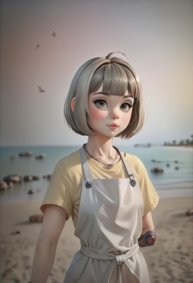 1girl,solo,looking at viewer,blush,short hair,bangs,brown hair,shirt,dress,brown eyes,jewelry,closed mouth,green eyes,standing,collarbone,upper body,ahoge,short sleeves,grey hair,outdoors,sky,day,artist name,blunt bangs,water,necklace,white dress,blurry,lips,depth of field,blurry background,bird,ocean,beach,bob cut,freckles,yellow shirt,nose,sand,android,overalls,joints,prosthesis,apron,eyelashes,pendant