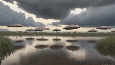 outdoors,sky,day,artist name,cloud,signature,water,no humans,umbrella,watermark,cloudy sky,grass,scenery,web address,reflection,rain,horizon,puddle,reflective water,ocean,field,landscape,lake