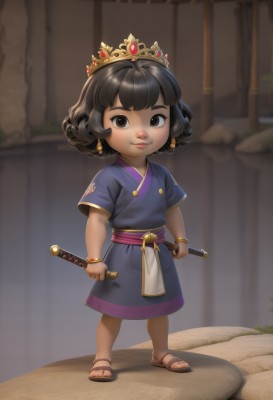 1girl,solo,looking at viewer,smile,short hair,brown hair,black hair,dress,holding,brown eyes,jewelry,closed mouth,standing,full body,weapon,short sleeves,earrings,outdoors,japanese clothes,sword,holding weapon,blurry,black eyes,bracelet,sash,blurry background,holding sword,sandals,katana,tiara,crown,sheath,child,curly hair,female child,bangs,lips,toes,knife,purple dress