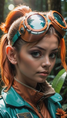 1girl,solo,looking at viewer,brown hair,green eyes,jacket,upper body,ponytail,flower,parted lips,artist name,orange hair,blurry,lips,eyelashes,blurry background,watermark,goggles,portrait,zipper,freckles,goggles on head,realistic,nose,orange shirt,denim jacket,long hair,closed mouth,outdoors,fur trim,depth of field,turtleneck,leaf,sunlight,feathers,close-up,leather,bomber jacket