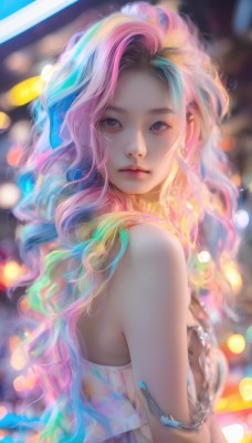 1girl,solo,long hair,breasts,looking at viewer,dress,bare shoulders,brown eyes,jewelry,medium breasts,closed mouth,blue hair,upper body,pink hair,multicolored hair,earrings,parted lips,green hair,artist name,necklace,blurry,bracelet,lips,depth of field,blurry background,wavy hair,armlet,realistic,nose,bokeh,rainbow hair,from side,two-tone hair,streaked hair,looking to the side,watermark,expressionless