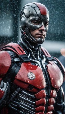 solo,looking at viewer,1boy,brown eyes,upper body,male focus,signature,armor,blurry,mask,blurry background,helmet,science fiction,rain,realistic,manly,superhero,power armor,blood,snowing