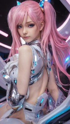 1girl,solo,long hair,breasts,looking at viewer,smile,bangs,blue eyes,hair ornament,thighhighs,gloves,bare shoulders,twintails,medium breasts,sitting,closed mouth,pink hair,ass,looking back,artist name,from behind,white thighhighs,lips,makeup,back,hand on own chest,science fiction,realistic,nose,watermark