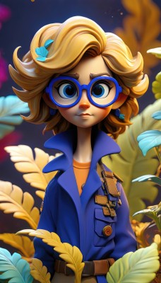 1girl,solo,looking at viewer,short hair,blue eyes,blonde hair,shirt,hair ornament,long sleeves,jewelry,closed mouth,jacket,upper body,flower,earrings,outdoors,glasses,belt,artist name,signature,hair flower,medium hair,blurry,lips,makeup,leaf,watermark,blue shirt,plant,freckles,blue flower,brown belt,jumpsuit,blue-framed eyewear,eyelashes,feathers,buckle,pocket,nose