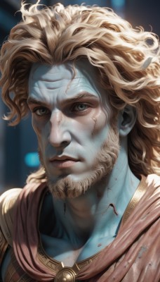 solo,long hair,looking at viewer,blue eyes,blonde hair,1boy,closed mouth,male focus,cape,blurry,lips,grey eyes,blood,blurry background,colored skin,facial hair,scar,messy hair,portrait,beard,scar on face,curly hair,injury,blood on face,realistic,nose,blue skin,manly,dirty,collarbone,upper body,artist name