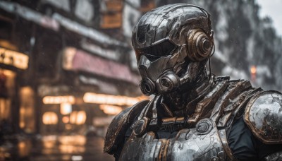 solo,1boy,upper body,male focus,outdoors,armor,blurry,mask,depth of field,blurry background,helmet,hand on own chest,shoulder armor,building,science fiction,police,power armor,robot,portrait,1other,pauldrons,breastplate,realistic,full armor,cyberpunk