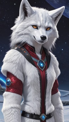 solo,looking at viewer,1boy,jewelry,closed mouth,standing,yellow eyes,upper body,male focus,outdoors,sky,belt,signature,orange eyes,fur trim,no humans,night,moon,brooch,gem,star (sky),night sky,furry,starry sky,colored sclera,black sclera,space,furry male,body fur,white fur,planet,fur,wolf,snout,earth (planet),red gemstone,fluffy,animal ears,animal,realistic