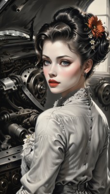 1girl,solo,looking at viewer,blush,short hair,blue eyes,shirt,black hair,hair ornament,long sleeves,dress,jewelry,white shirt,upper body,flower,earrings,parted lips,looking back,hair flower,hair bun,from behind,lips,grey eyes,eyelashes,makeup,lipstick,ground vehicle,motor vehicle,red lips,pale skin,realistic,nose