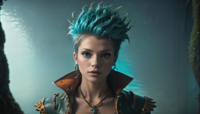 1girl,solo,looking at viewer,short hair,blue eyes,jewelry,blue hair,collarbone,jacket,upper body,earrings,parted lips,green hair,teeth,artist name,necklace,blurry,lips,eyelashes,aqua hair,makeup,blurry background,messy hair,portrait,freckles,realistic,nose,popped collar,aqua eyes,curly hair