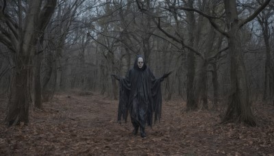 1girl,solo,looking at viewer,black hair,gloves,1boy,standing,male focus,boots,outdoors,black gloves,hood,black footwear,tree,torn clothes,nature,scenery,cloak,hood up,forest,walking,hooded cloak,black cloak,holding,mask,night,bare tree,horror (theme)