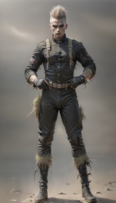 solo,looking at viewer,short hair,blonde hair,gloves,1boy,brown eyes,jewelry,standing,jacket,full body,male focus,earrings,boots,black gloves,belt,pants,fingerless gloves,black footwear,uniform,military,military uniform,scar,black pants,spiked hair,hands on hips,realistic,very short hair,mohawk,tattoo