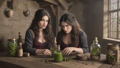 long hair,breasts,looking at viewer,multiple girls,brown hair,black hair,long sleeves,2girls,cleavage,brown eyes,medium breasts,braid,indoors,lips,grey eyes,window,siblings,wavy hair,table,bottle,plant,sisters,realistic,jar,potion,closed mouth,upper body,day,nail polish,tree,makeup,corset,fantasy